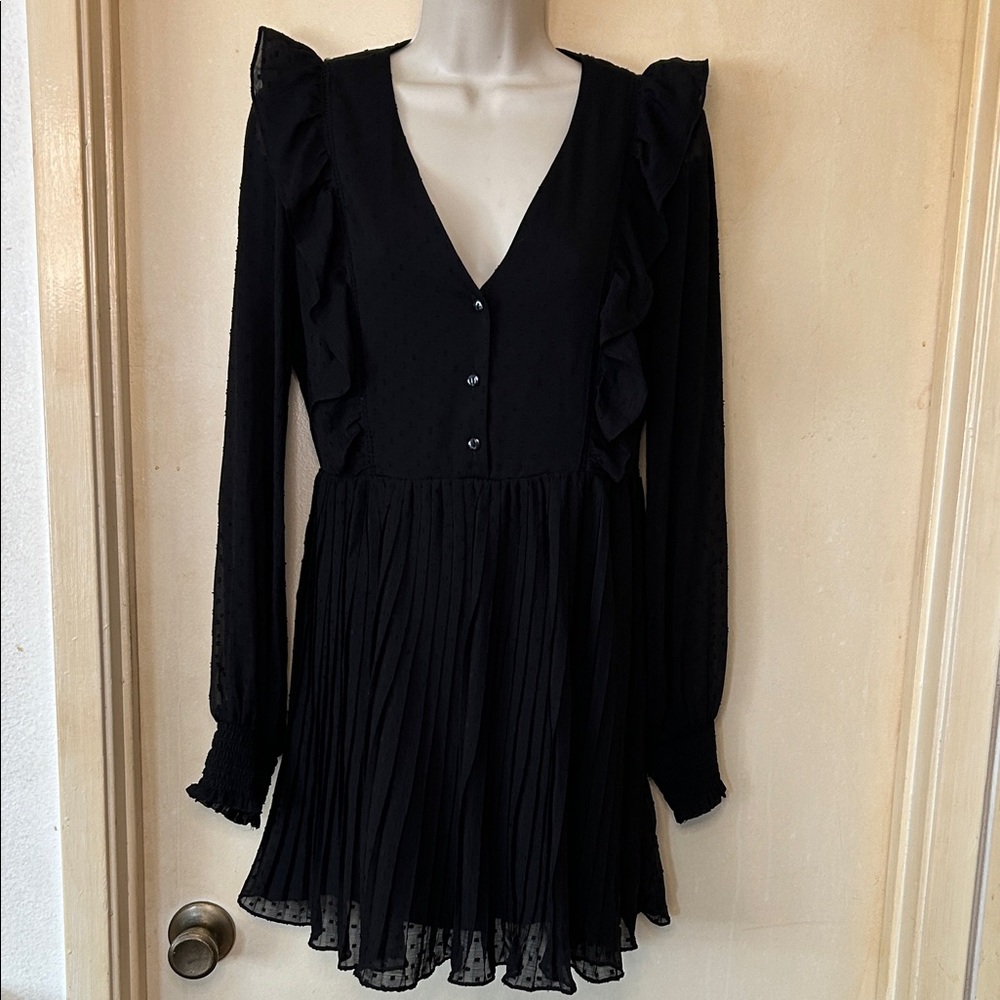 Zara Black Long Sleeve Ruffle Swiss Dot Dress size M